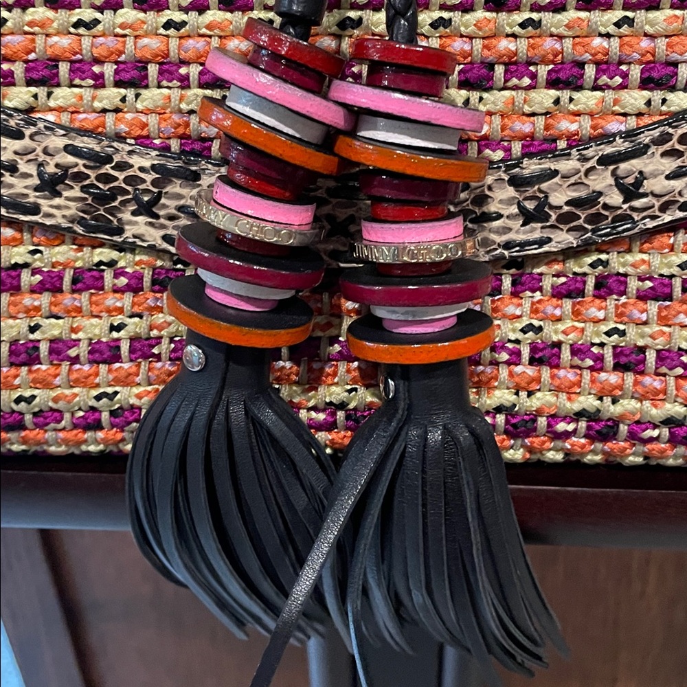 Jimmy Choo Multicolor Woven Shoulder Bag with Black Tassels - Picture 2 of 9